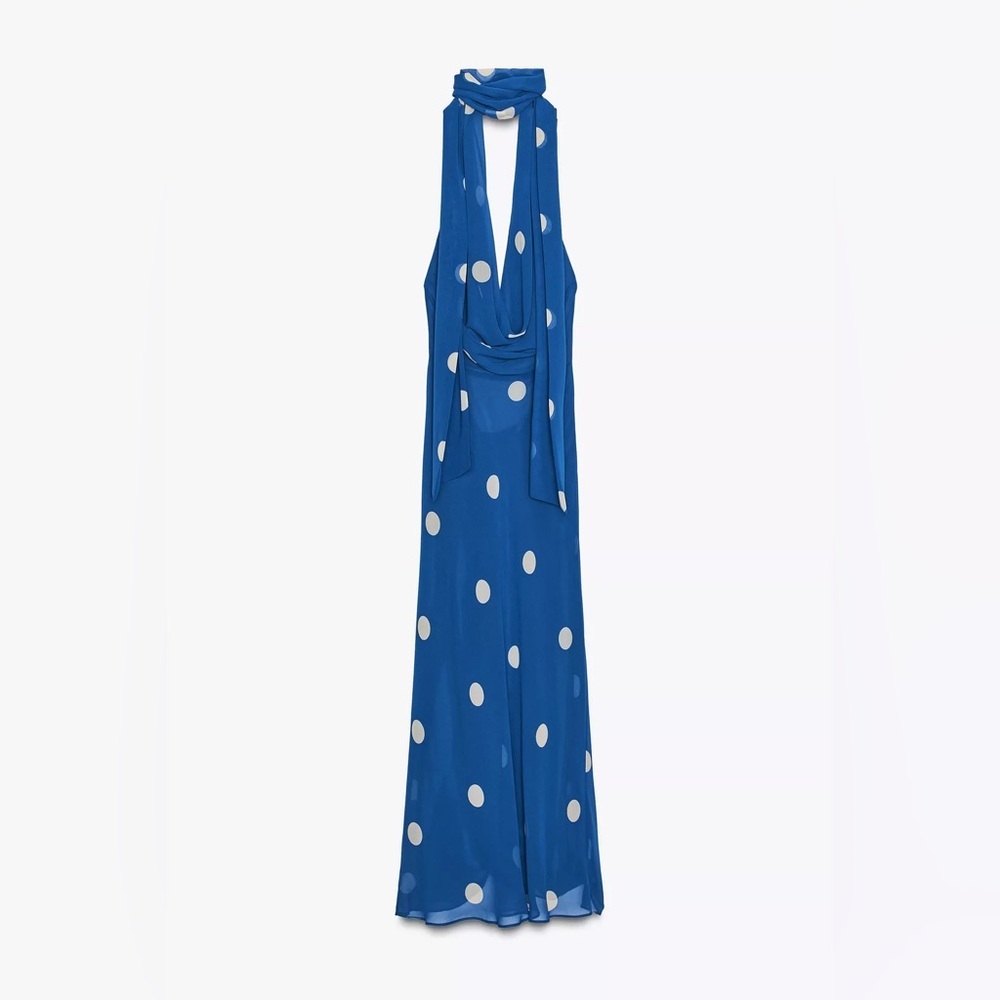 Zara Blue Polka Dot Halter Dress scarf open back maxi long evening party wedding - Picture 11 of 13